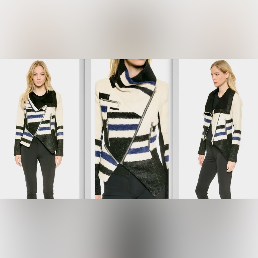 Yigal Azrouel Elongated Stripe Asymmetrical Zipped Colorblock Moto Jacket $1750+
